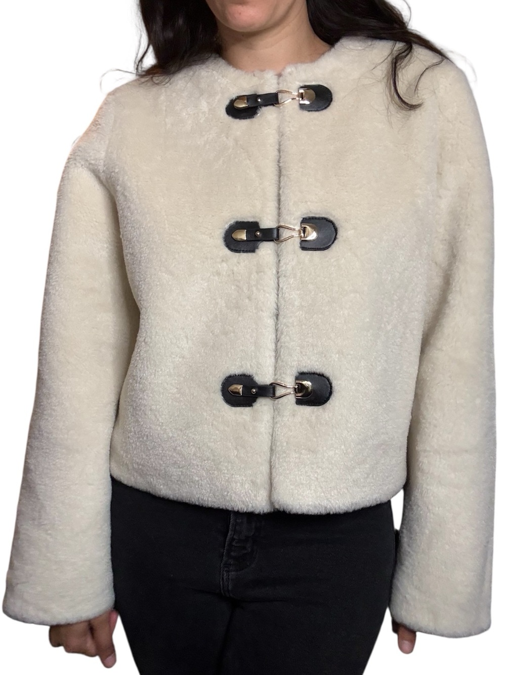 New Jason Wu Cream Faux Shearling Toggle Jacket with Black Trim Small